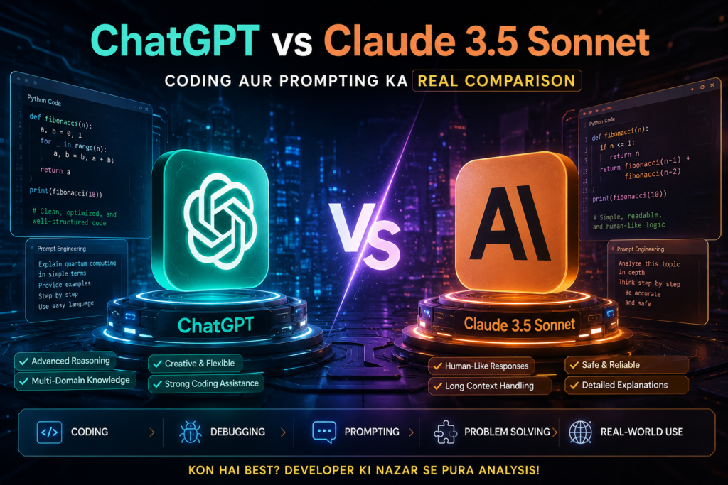 Futuristic comparison illustration of ChatGPT vs Claude 3.5 Sonnet showing AI coding, prompt engineering, debugging, and problem-solving capabilities in a modern technology environment.